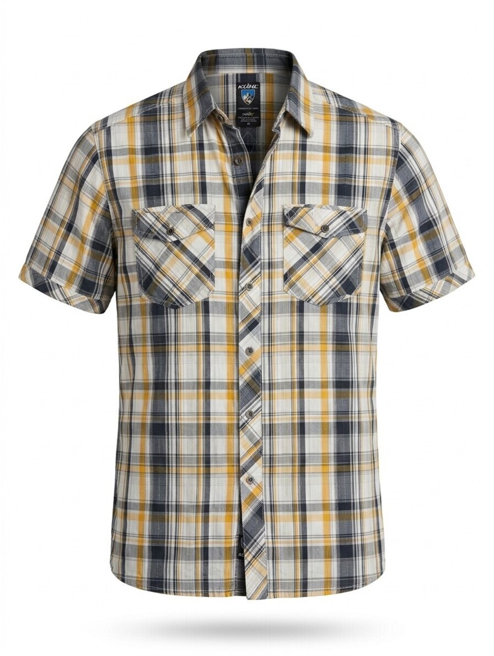 Kuhl Suncel Short Sleeve Button Up Shirt Mens M Yellow Plaid Cotton Tencel EUC